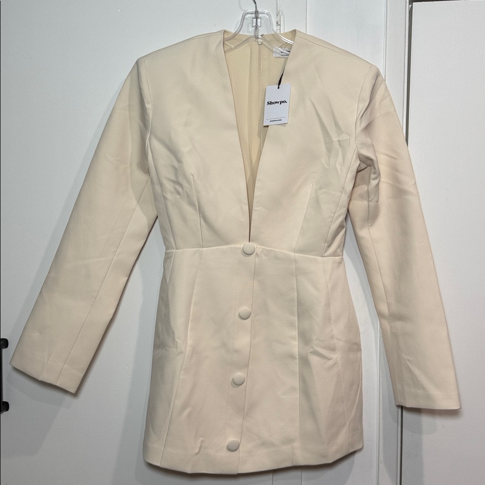 Showpo. NINETTE MINI DRESS
V Neck Tulip Hem Blazer Dress in Cream - Picture 7 of 8